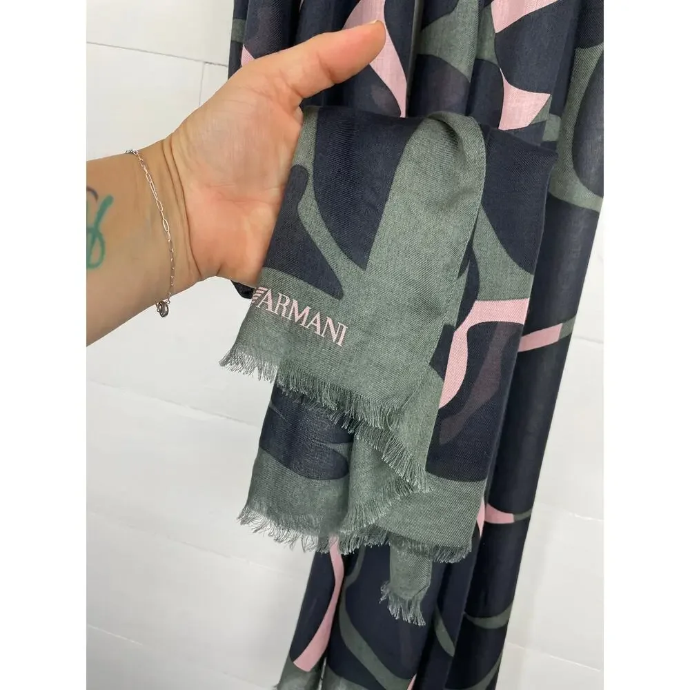 Emporio Armani Abstract Giraffe/Camouflage Print Fringed Scarf Pink/Green/Black